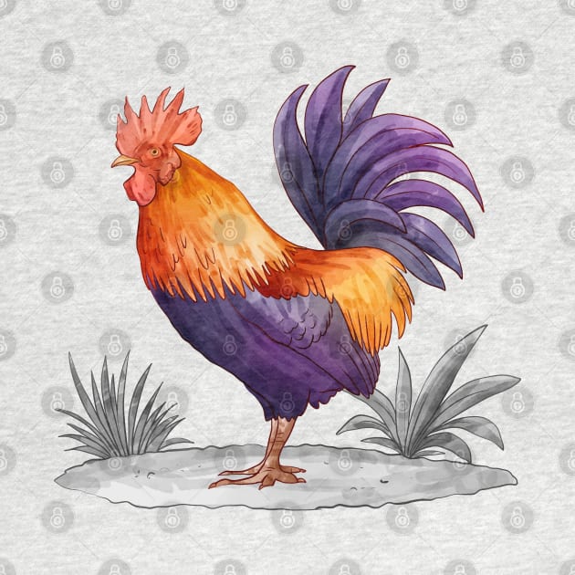 Hand Drawn Cock Watercolor by Mako Design 